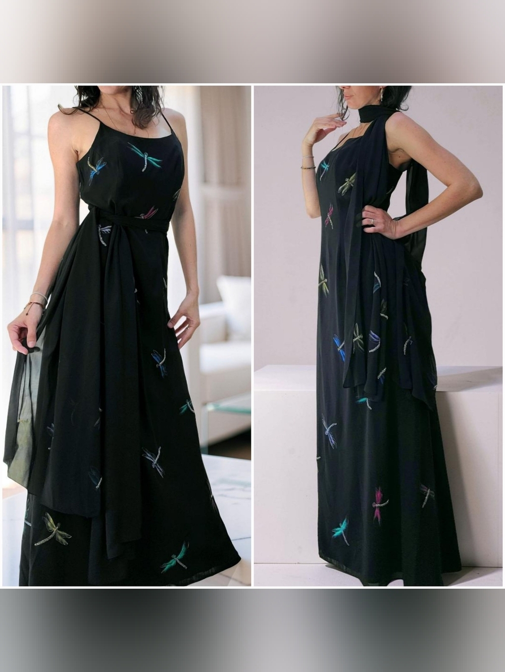 NWOT Cassandra Stone Elegant Black Dragonfly Maxi Dress With Matching Scarf